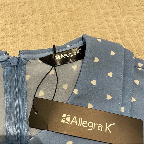 NWT Allegra K Heart Print Short Sleeve A-Line Peter Pan Collar Mini Dress Blue - Picture 8 of 13